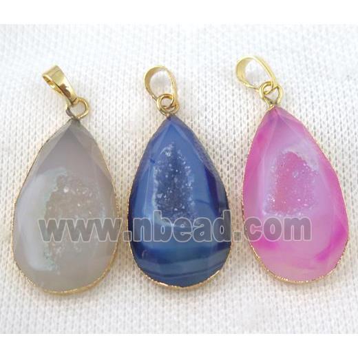 agate druzy pendant, mix color, faceted teardrop, gold plated