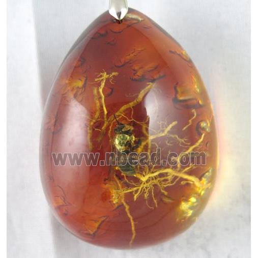 Amber teardrop pendant with bee, orange, NR