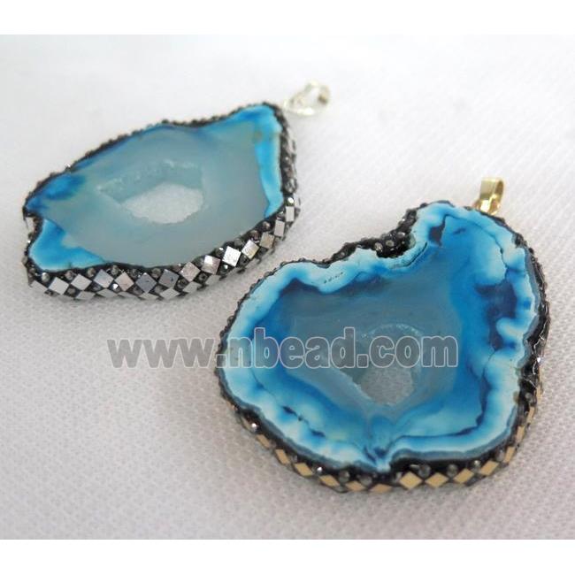 blue agate druzy geode slice pendant paved foil, rhinestone, freeform