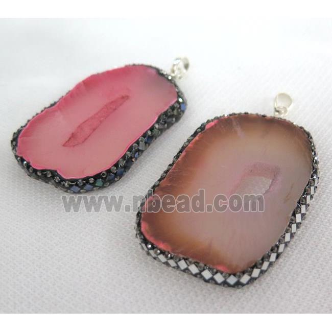 pink agate druzy geode slice pendant paved foil, rhinestone, freeform