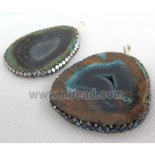 Opal Jasper slice pendant paved foil, rhinestone, freeform
