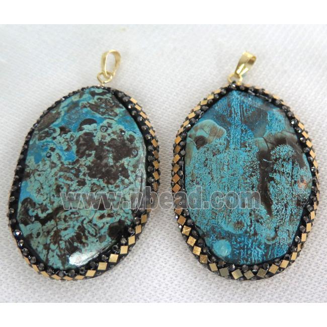 blue Ocean Jasper pendant paved gold foil, rhinestone, faceted freeform