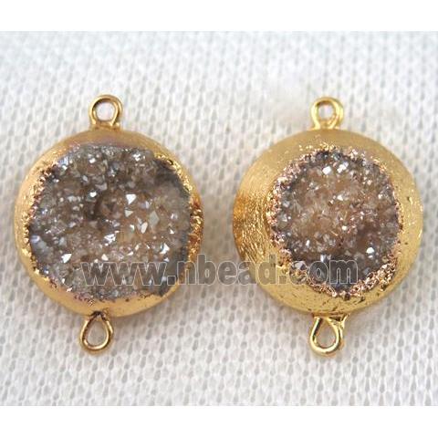 champagne druzy quartz connector, flat round, gold plated