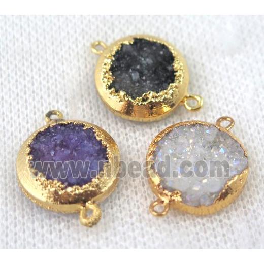 mixed druzy quartz connector, flat round, gold plated