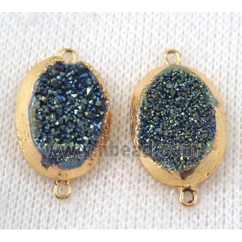 green druzy quartz connector, oval, gold plated