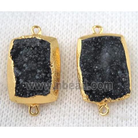 black druzy quartz connector, rectangle, gold plated