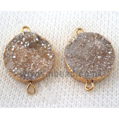 champagne druzy quartz connector, flat round, gold plated