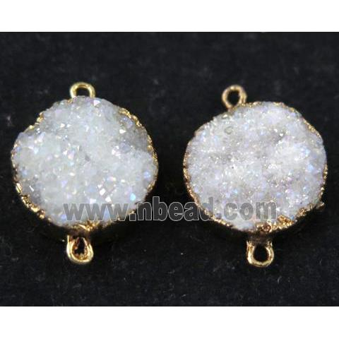 white AB-color druzy quartz connector, flat round, gold plated