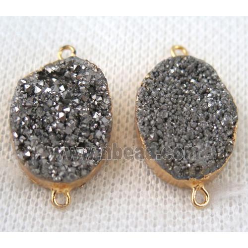 silver druzy quartz connector, oval, gold plated