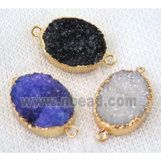 mixed druzy quartz connector, oval, gold plated