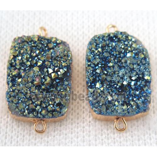 green druzy quartz connector, rectangle, gold plated