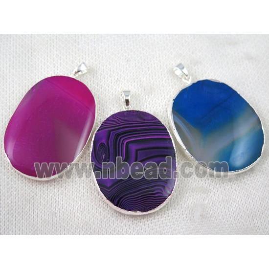 agate oval pendant, mix color, silver plated