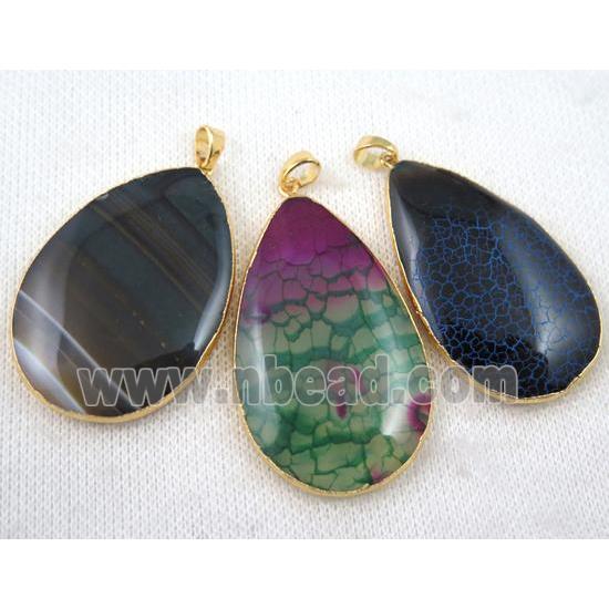 mixed agate pendant, teardrop, gold plated