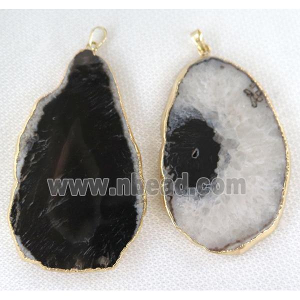 black agate druzy slice pendant, flat freeform, gold plated