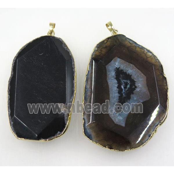 black agate druzy slice pendant, faceted freeform, gold plated