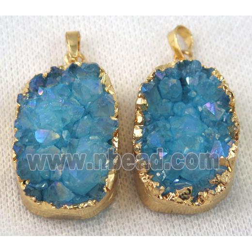 blue druzy quartz pendant, AB color, freeform, gold plated
