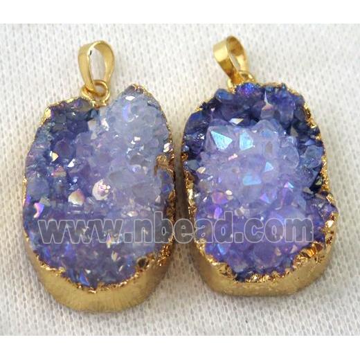purple druzy quartz pendant, AB color, freeform, gold plated