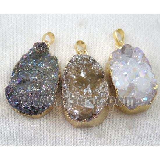 mix druzy quartz pendant, AB color, freeform, gold plated