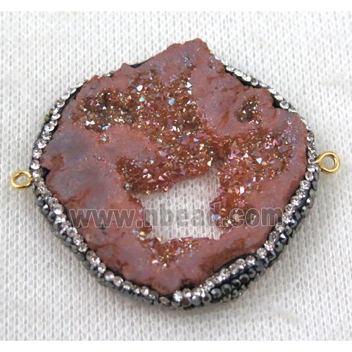 druzy agate slice connector paved rhinestone, freeform, pink plated