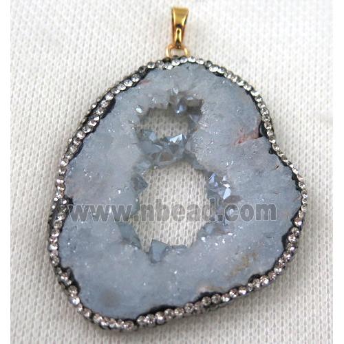 druzy agate slice pendant paved rhinestone, freeform, blue-gray plated