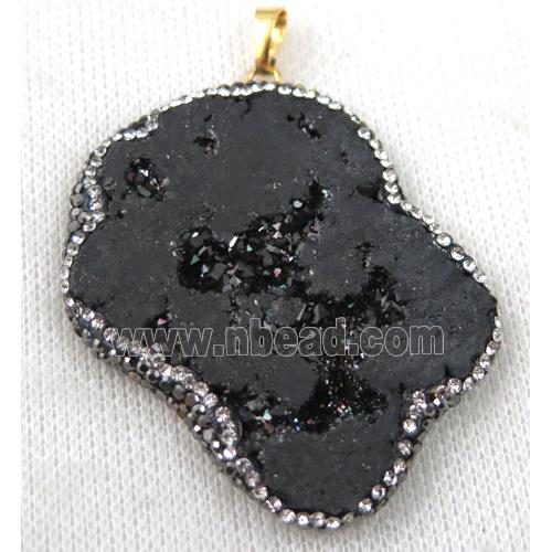 druzy agate slice pendant paved rhinestone, freeform, black plated