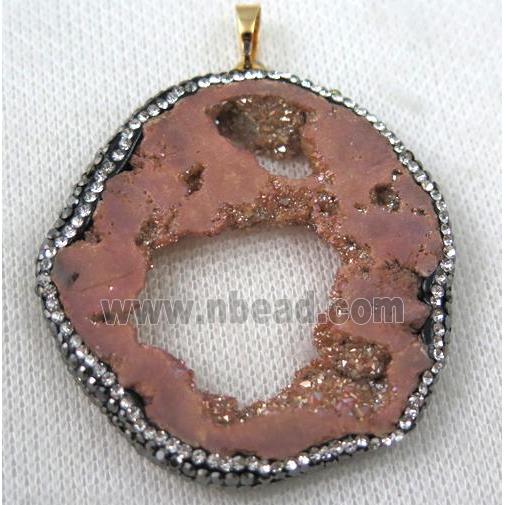 druzy agate slice pendant paved rhinestone, freeform, pink plated