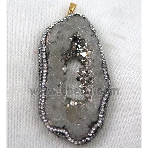 druzy agate slice pendant paved rhinestone, freeform, silver plated