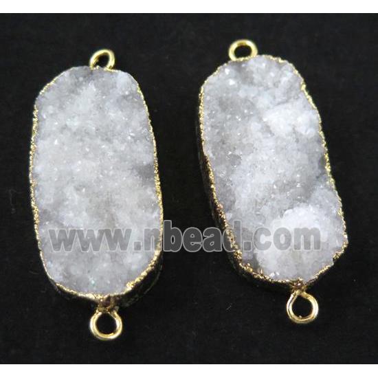 white druzy quartz connector, oval, gold plated