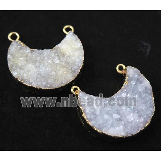 white druzy quartz pendant with 2loops, crescent moon, gold plated