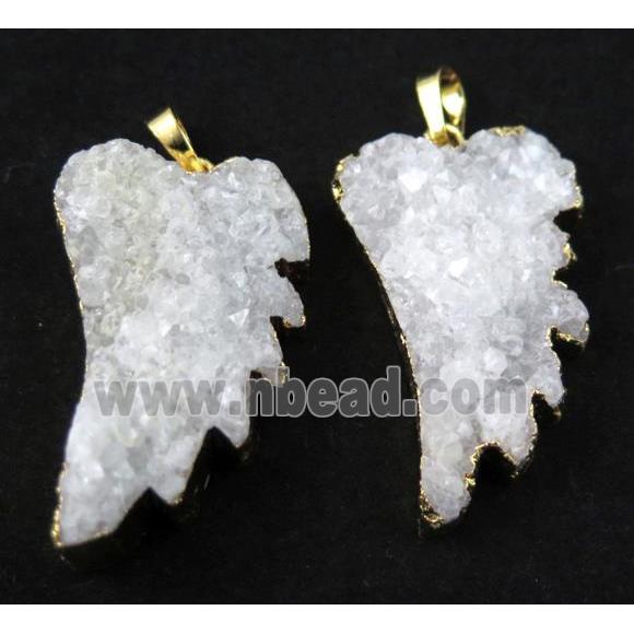 white druzy quartz pendant, angel wing, gold plated