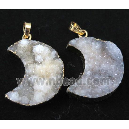 white druzy quartz pendant, moon, gold plated