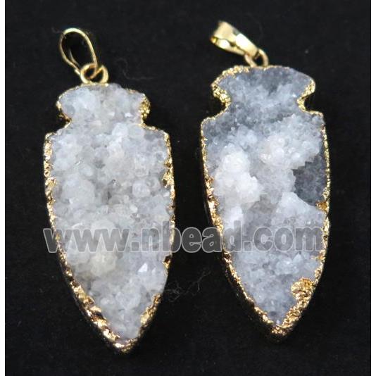 white druzy quartz pendant, arrowhead, gold plated