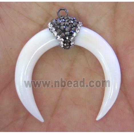 white shell crescent pendant paved rhinestone, horn