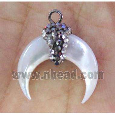 white pearl shell crescent pendant paved rhinestone, horn