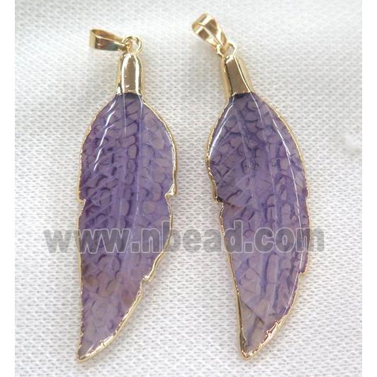 purple agate pendant, feather, gold plated