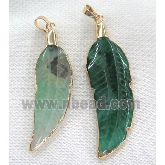 green agate pendant, feather, gold plated