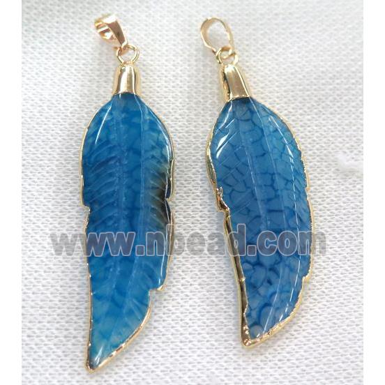 blue agate pendant, feather, gold plated