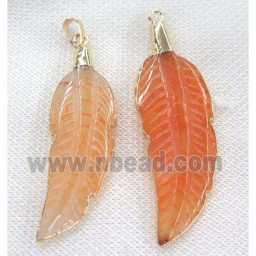 orange agate pendant, feather, gold plated