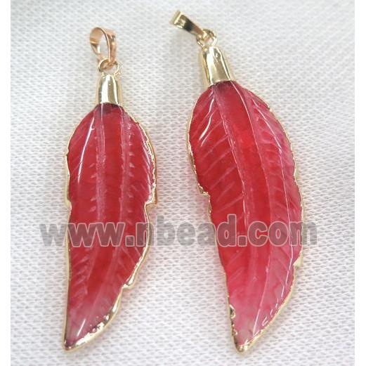 red agate pendant, feather, gold plated