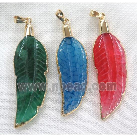 agate pendant, mix color, feather, gold plated