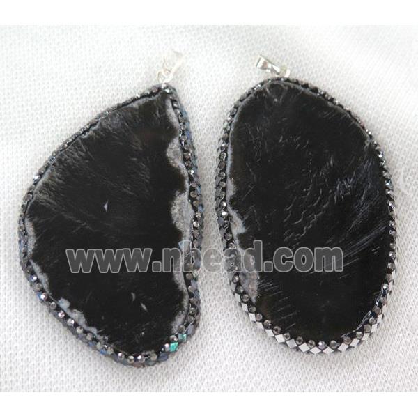 black agate slice pendant paved foil, freeform