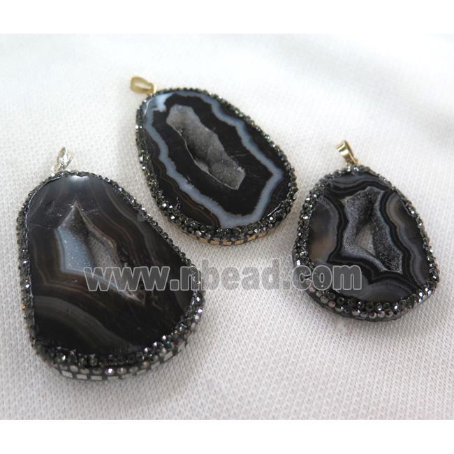 black agate druzy slice pendant paved foil, freeform