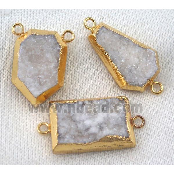 white druzy quartz connector, mix shaped, gold plated