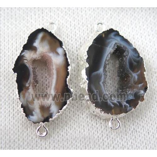 druzy Agate slice connector, freeform, silver plated