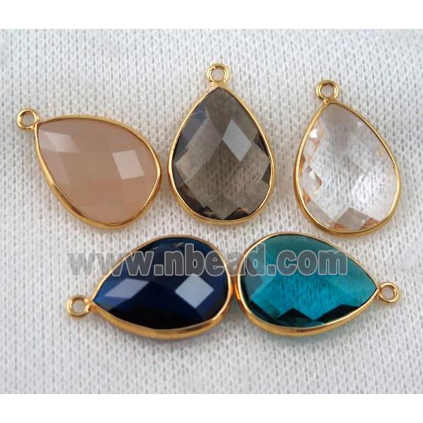 crystal glass pendant, teardrop, mix color, gold plated