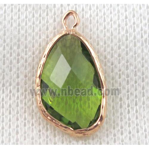 olive crystal glass teardrop pendant, gold plated