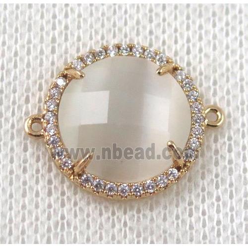 white crystal glass flat-round connector paved zircon, gold plated