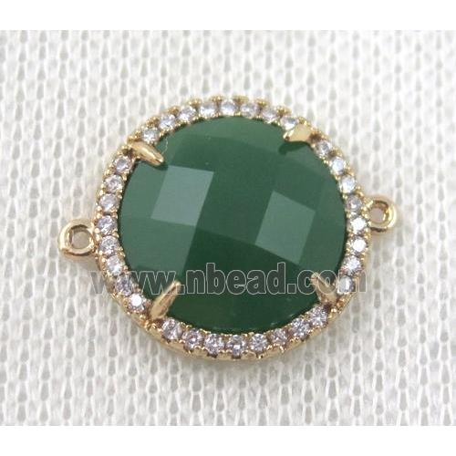 green crystal glass flat-round connector paved zircon, gold plated