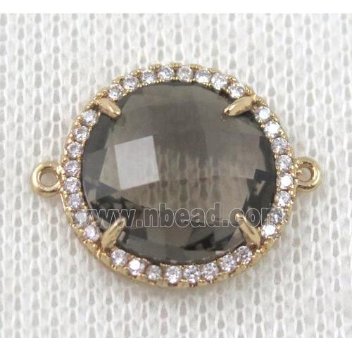 smoky crystal glass flat-round connector paved zircon, gold plated