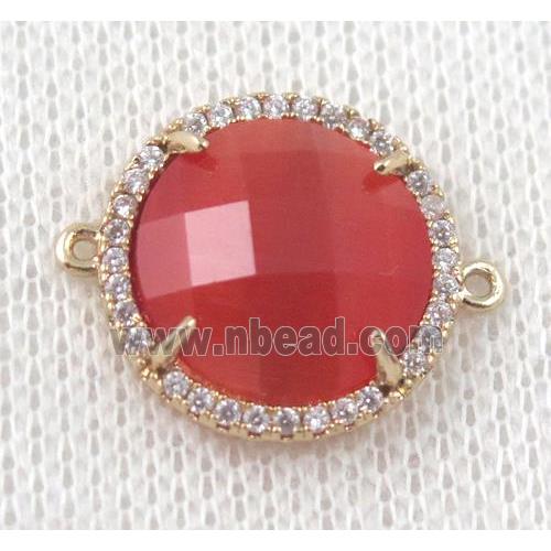 red crystal glass flat-round connector paved zircon, gold plated